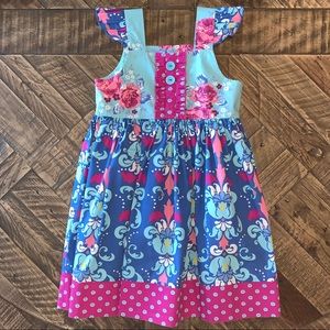 Eleanor Rose Blue Teal Pink Floral & Dot Girls Party Dress - Size 5/6 Small